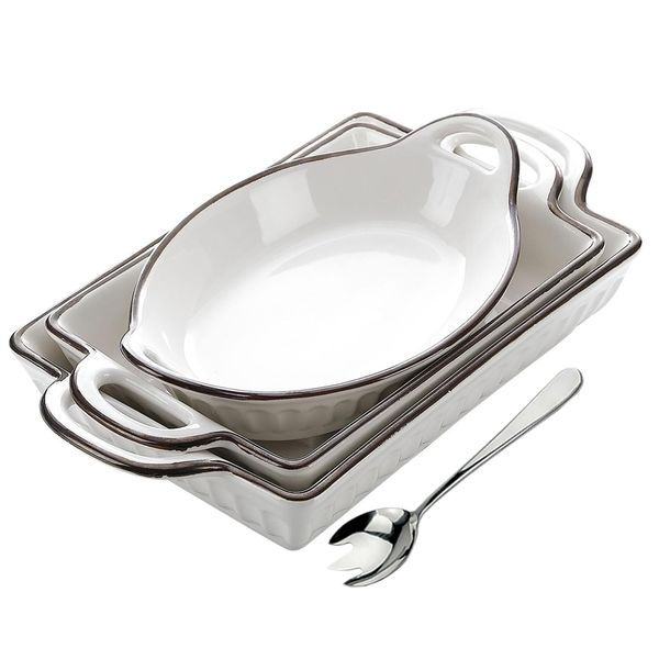 4Pieces Set - Large Fluted Bakeware Beautiful Glazed Rim Casserole Baking Dish