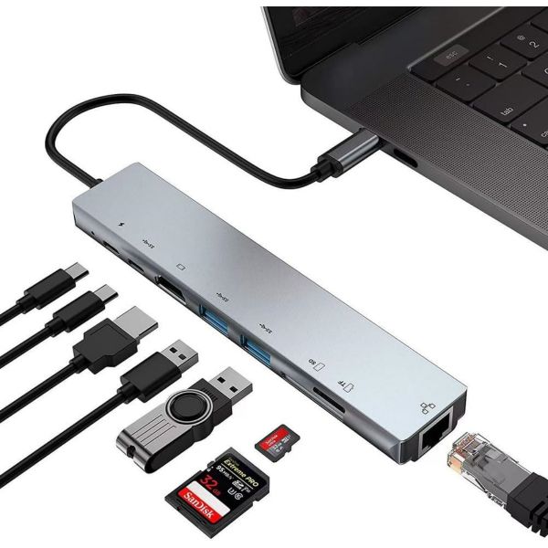 USB C Hub Docking Station HDMI Adapter, 8 in 1 Multiport Adapter - Blue
