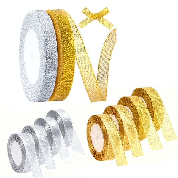 10 Rolls Satin Ribbon -10mm W - Gold/Silver Glitter Gift Wrapping Ribbon