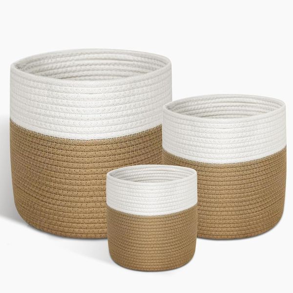 3 Pieces Laundry Basket Clothes Hamper Woven Cotton Storage Toy Plant Basket