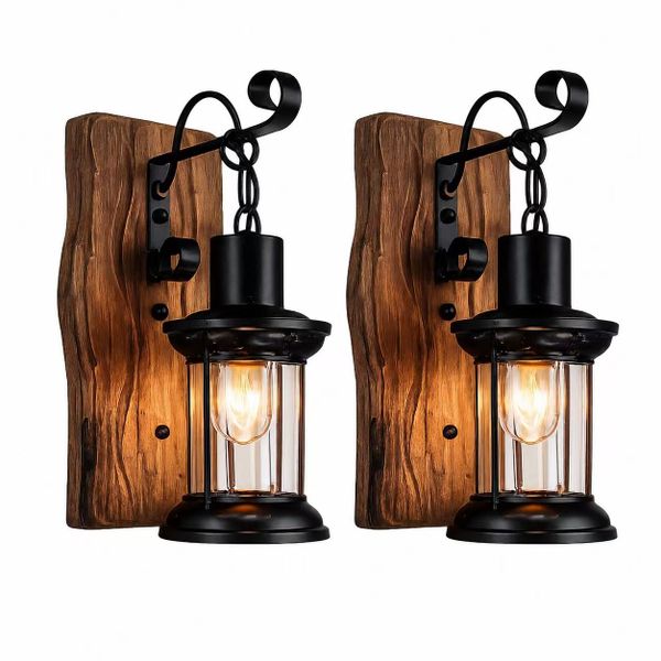 Hello Today Vintage Rustic Iron &amp; Wood Wall Lamp E27 Industrial Lantern