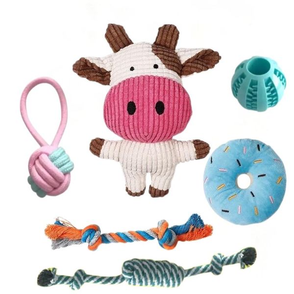 6-Piece Cow Puppy Starter Toy Pack - Squeaky Plush &amp; Durable Rope Set