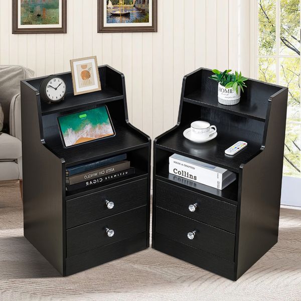 Side Table Set of 2 Nightstand 3-Tier Shelf End Table with 2 Drawers