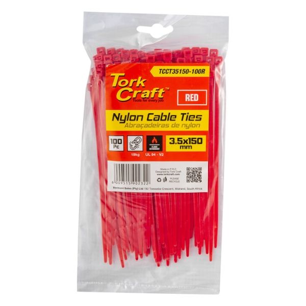 Tork Craft - Nylon Cable Ties 3.5mm X 150mm Red - 100 Pieces