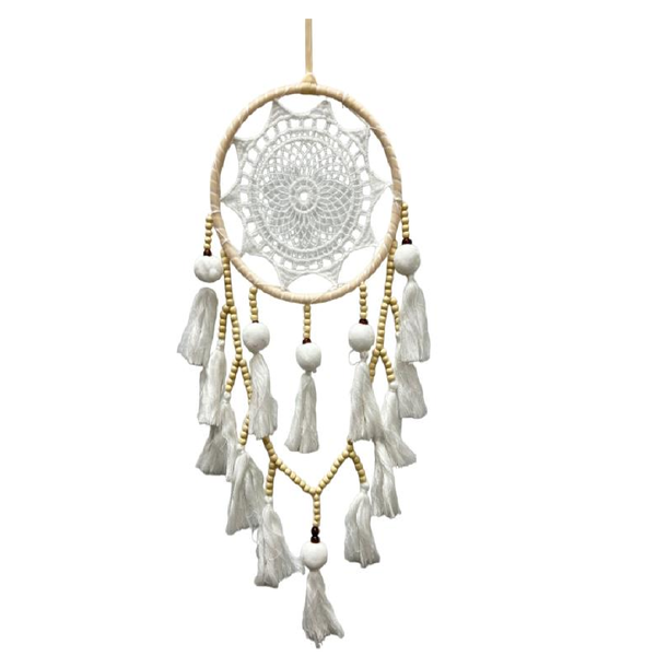 Circle Dream Catcher With Pompoms And Wooden Beads , 69cmx21cmx1cm