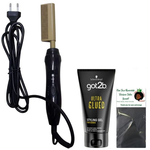 Led Light Ceramic Hot Comb, Got2b Glued Styling Gel Plus a Bonnet