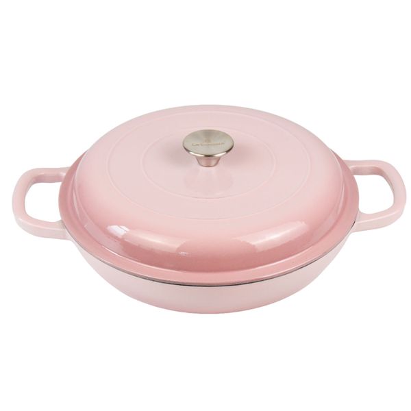 La Cocina Pink 30cm Cast Iron Enamel Shallow Casserole 3.5 Liter