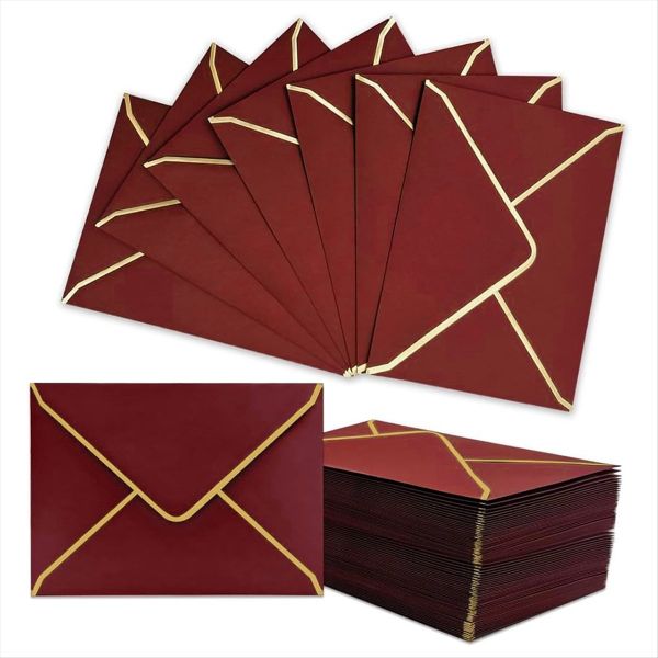 100 PCS A7 Burgundy Invitation Envelopes with Gold Border, 5x7 Inch, V-Flap
