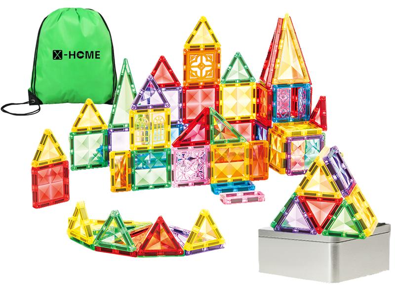 X-HOME Kids Magnetic Building Tiles- Metal Case- Compact Travel Size-56pc