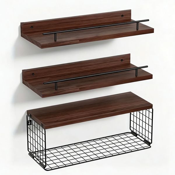 3Piece Home Office Floating Display Shelves with Storage Basket, Wall Shelf