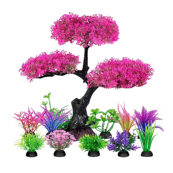 Arfast- Artificial Aquarium Plant Set Purple Bonsai Tree with Small Plants