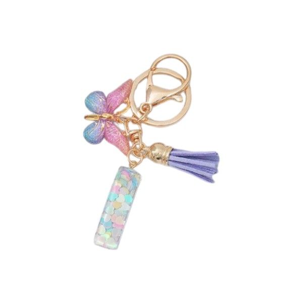 "I" Keychain With Gradient Butterfly Charm and Purple Tassel - Multicolor