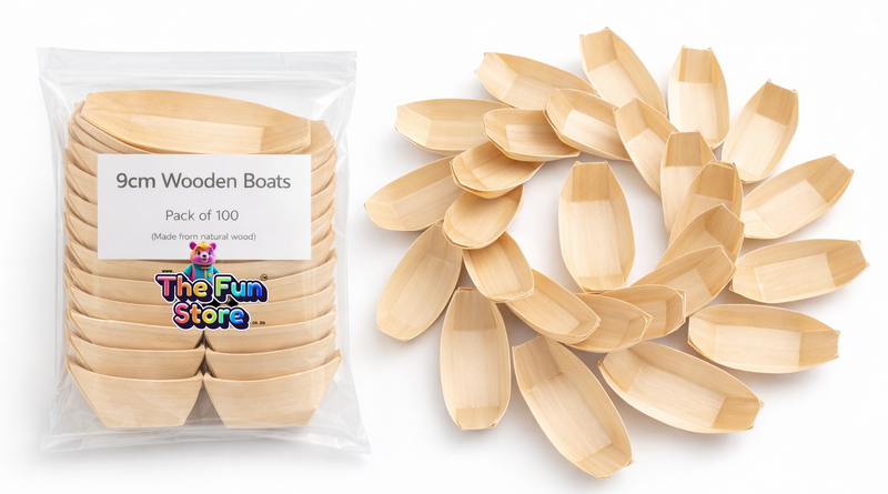 Wooden Serving Boats 100 Pack - 9cm Disposable Pine Food Catering Trays