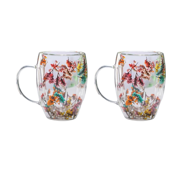 Dry Flowers Glass Coffee Cup Double Wall Glass Cup With Handle - Pack Of 2