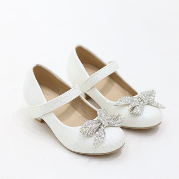 LaMara Pari Aviya Elegant Girls Bow-Detail Glossy Kitten Heel Pumps White