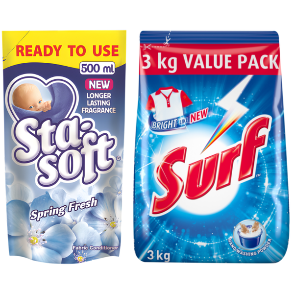 Surf Hand Washing Powder 3kg + Sta-Soft Refill Fabric Softener 500ml
