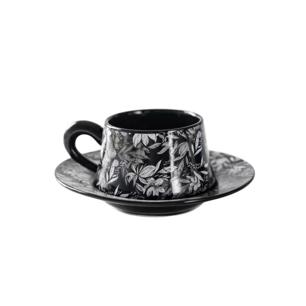 Monochrome Botanica Porcelain Cup &amp; Saucer Set - Black