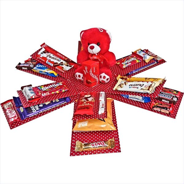 Red Beary Pop Chocolate, Snack &amp; Teddy 2-Layer Explosion Box | Gift hamper