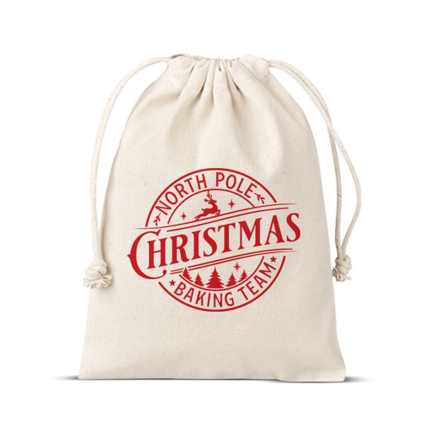Large Cotton North Pole Baking Team Christmas Santa Sack Drawstring Bag