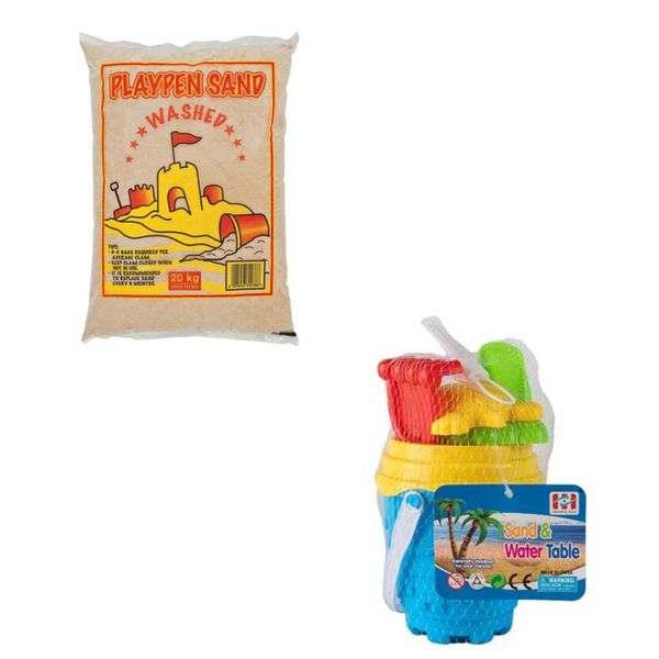 Playpen Sand - Washed Play sand 20kg, with Bucket, Spade &amp; Moulds set 6pc
