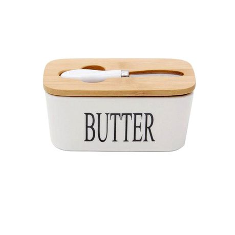 Butter Dish Ceramic Butter Container Keeper with Wooden Lid and