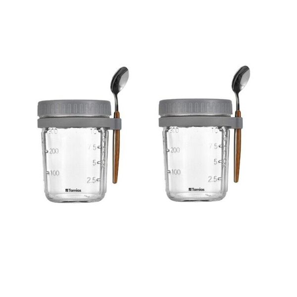 Tamias - Overnight Oats Container with Lid Spoon &amp; Straw - Pack of 2 - 350ml - Grey