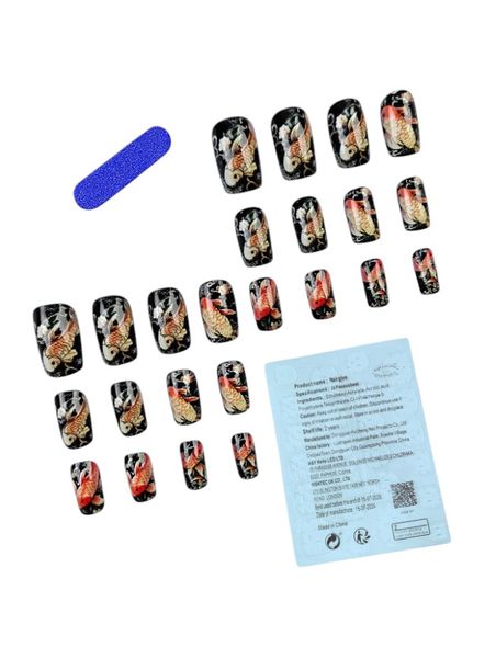 24 Piece - Retro National Style &amp; Carp Koi Design Artificial Nails - Black