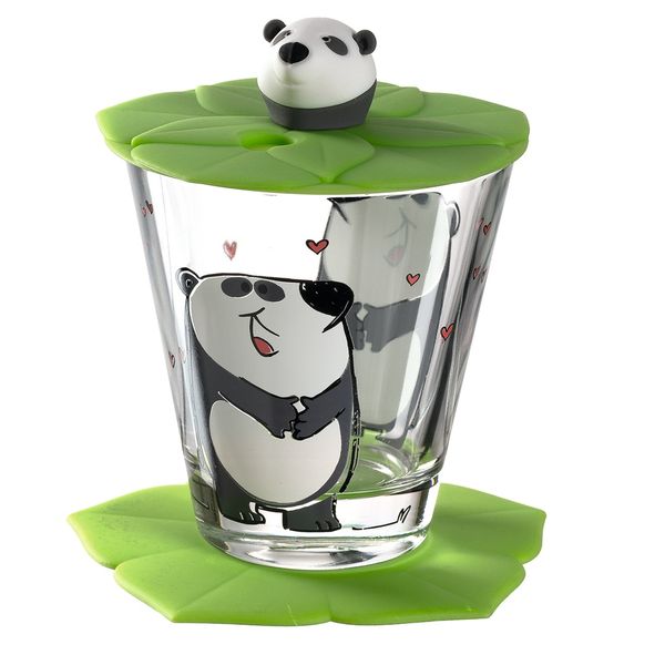 Leonardo Children's Drinking Glass Set: Panda Cup, Saucer and Lid Bambini