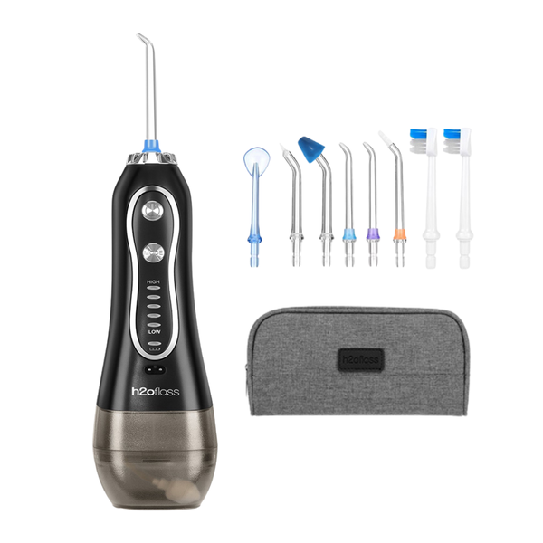 H2ofloss Dental Spa Water Flosser - Cordless, 8 Tips, Travel Bag - Black