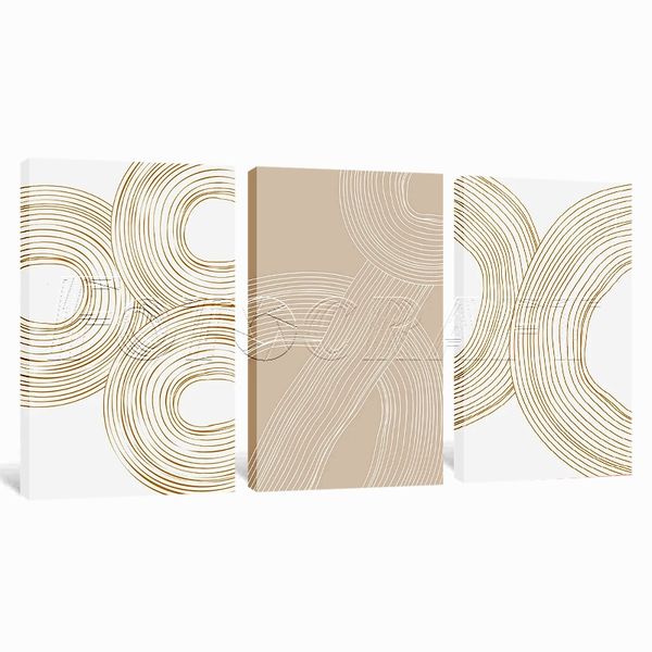 Canvas Art - 3 Piece Abstract Beige White Geometric Line Canvas Wall Art
