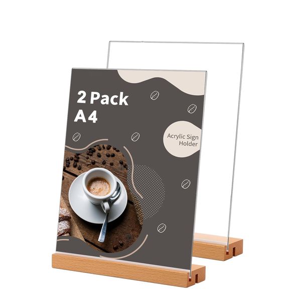 2 Piece Acrylic Sign Holder 21X29.7cm Wood Base Menu Wedding Display Stand