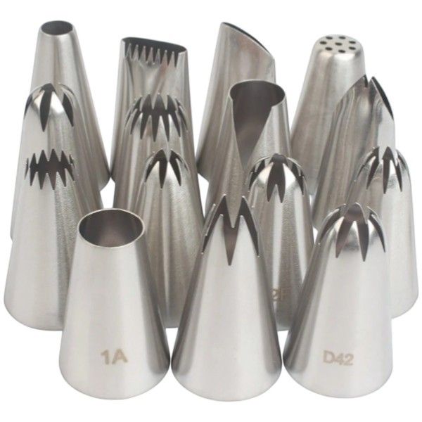 15 Piece - Stainless Steel Piping Nozzles Set With Variuous Styles - Silver