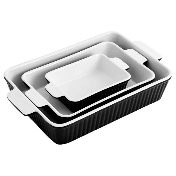 Ceramic Rectangular Baking Dish Set - Black/White - 3 Pack