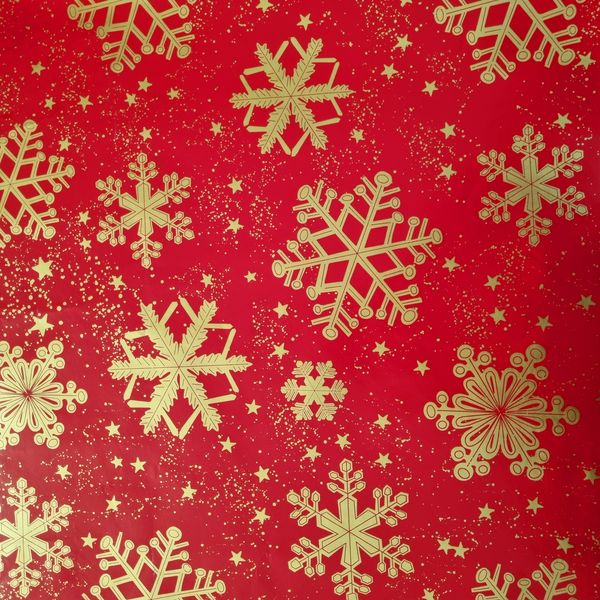 Gold Snow Flakes On Red Wrapping Paper - 10m Roll