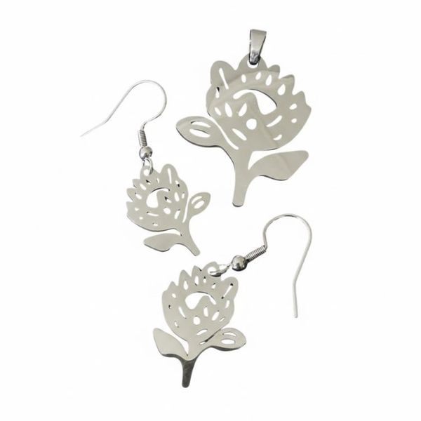 Handmade 3-Piece Stainless Steel Protea Pendant &amp; Earring Set Tarnish Free