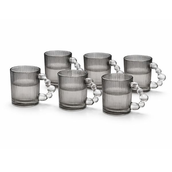 Glass Mug Set 6 Piece 300ml Ribbed Design Tea Coffee cups
