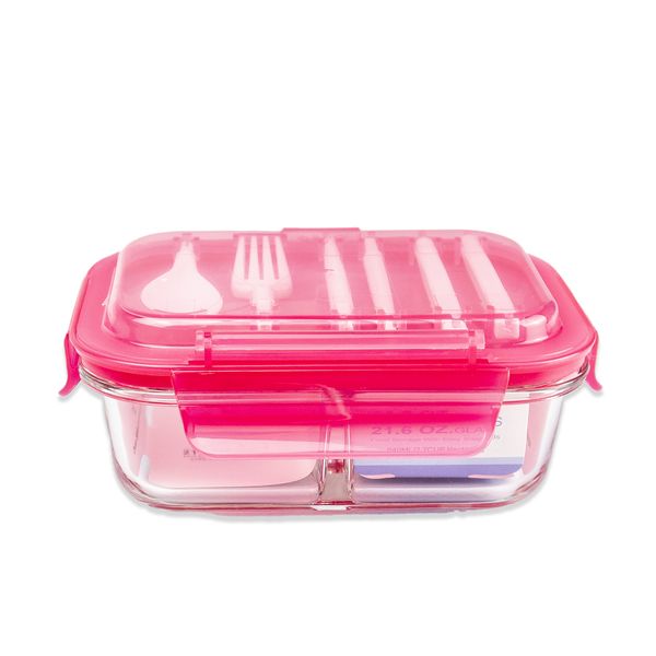 Food Container - With Lid &amp; Utensils - Glass - Pink - Rectangle - 640ml