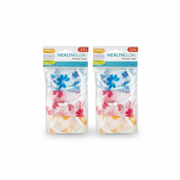 Healthglow Reusable PVC Shower Caps Set - 3 Piece Waterproof Hair - 2 Pack