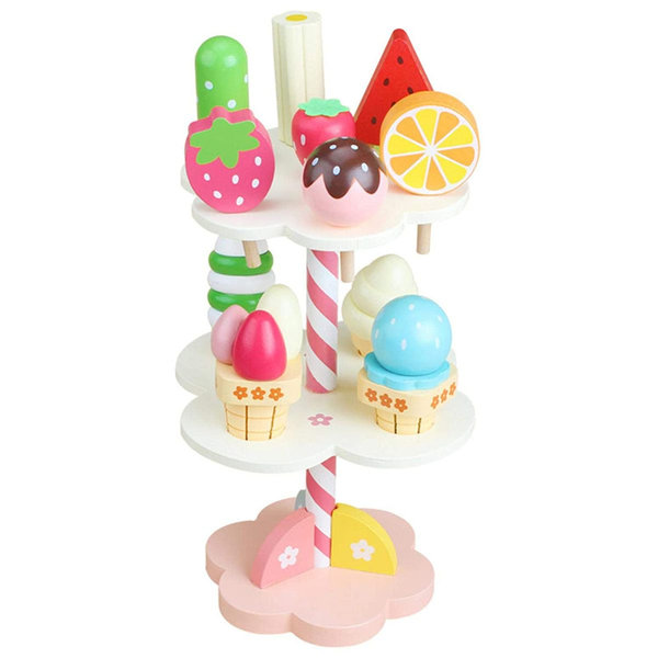 Wooden Ice Cream &amp; Fruit Flavor With Display Stand Toy - Multicolor