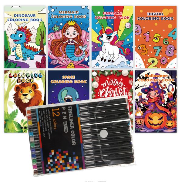 8 Coloring Books With Different Cute Themes &amp; 12 Pcs Stroke Hook Line Pen