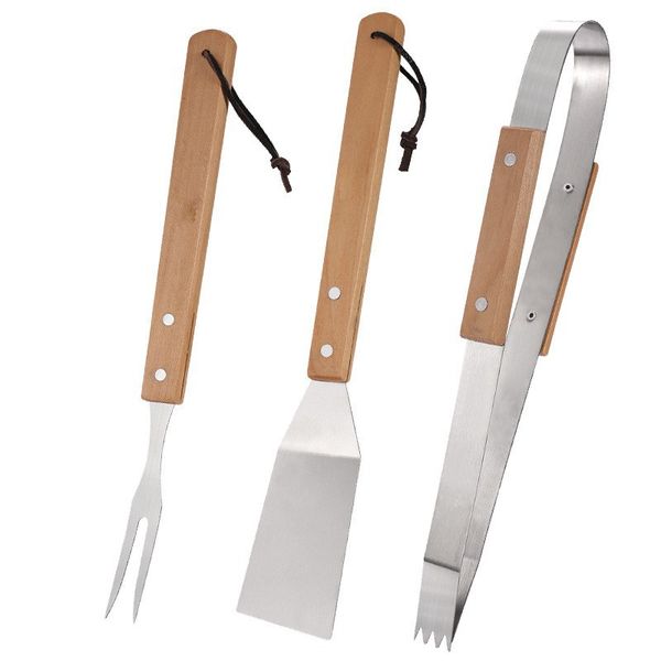 3-Piece Stainless Steel BBQ Fork, Spatula and Clips with Wooden Handle