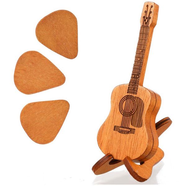 Guitar-Shaped Solid Wood Pick Holder with 3 Wooden Picks