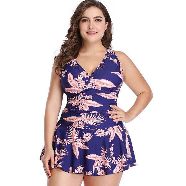 Iconix Plus Size Blue &amp; Peach Leaf-tone Boyleg Swimwear