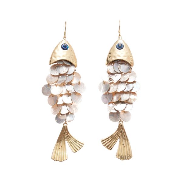 Jolita Fish-Shaped Shell Tassel Ear Hooks - Beach Vacation Style Earrings