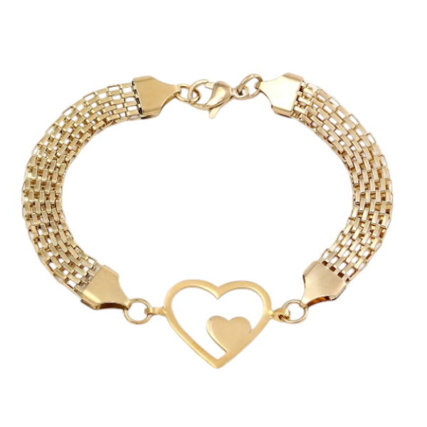 Heart Charm Woven Mesh Band Bracelet - Gold