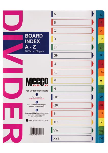 Meeco A4 16 Tab (A-Z) Bright Multi Colour Board Dividers