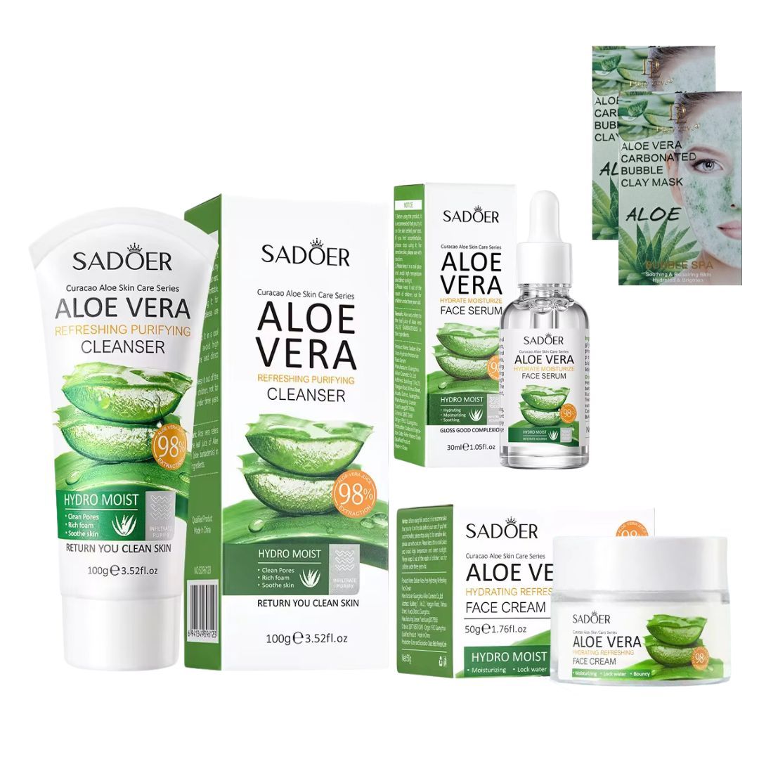 Aloe Vera Facial Set - Cleanser, Face Serum, Face Cream and Clay Mask ...