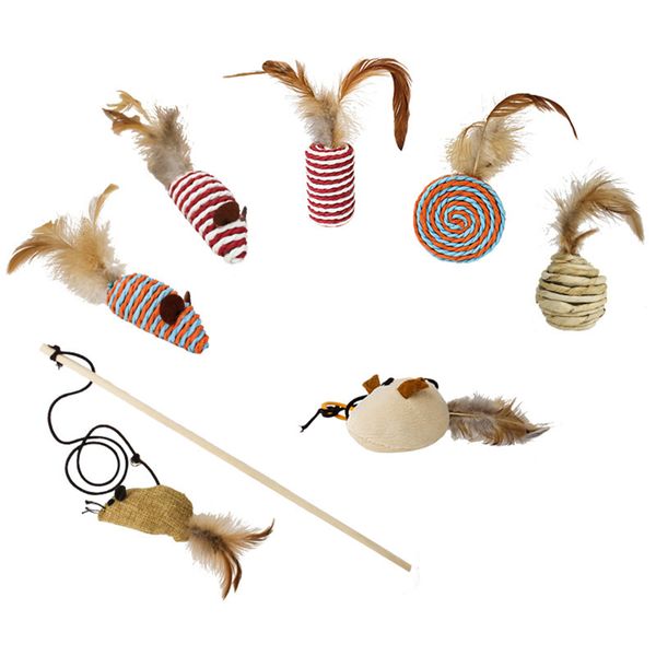 8 Piece 40CM Interchangeable Pet Cat Wood Teaser Rod Toys Wand Stick