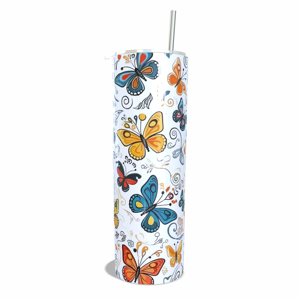 Pretty Double Walled Skinny Tumbler with Butterflies Design