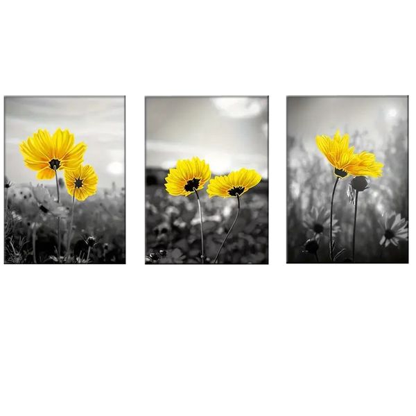 Canvas-Art-3 Pieces Yellow &amp; Grey Flower Abstract Wall Art